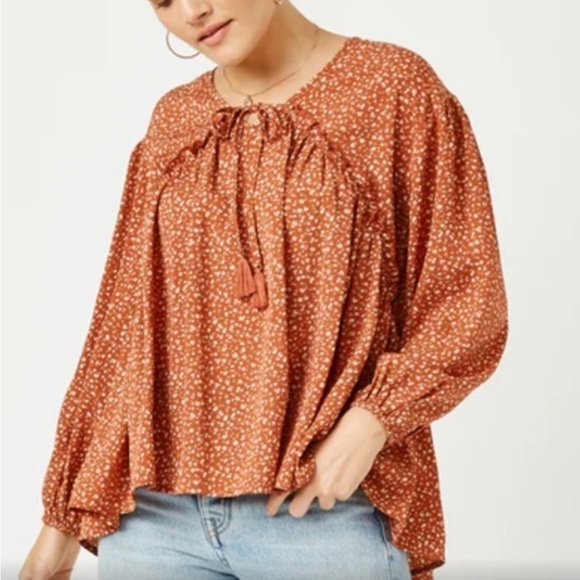 Hayden Tops - Hayden Orange Bishop Sleeve Blouse with Tie Front